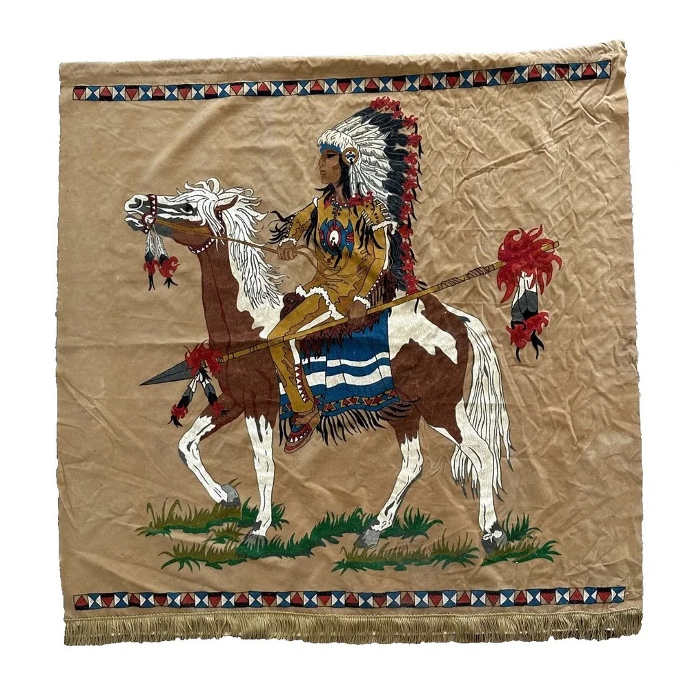 Vintage Native American on Horse Painted Velvet Cloth Wall Hanging Fringe